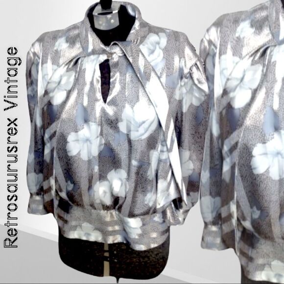 VINTAGE 1970's Two Tone Silver and Grey Secretary Blouse by Frejani, size XL 1X - Picture 1 of 7